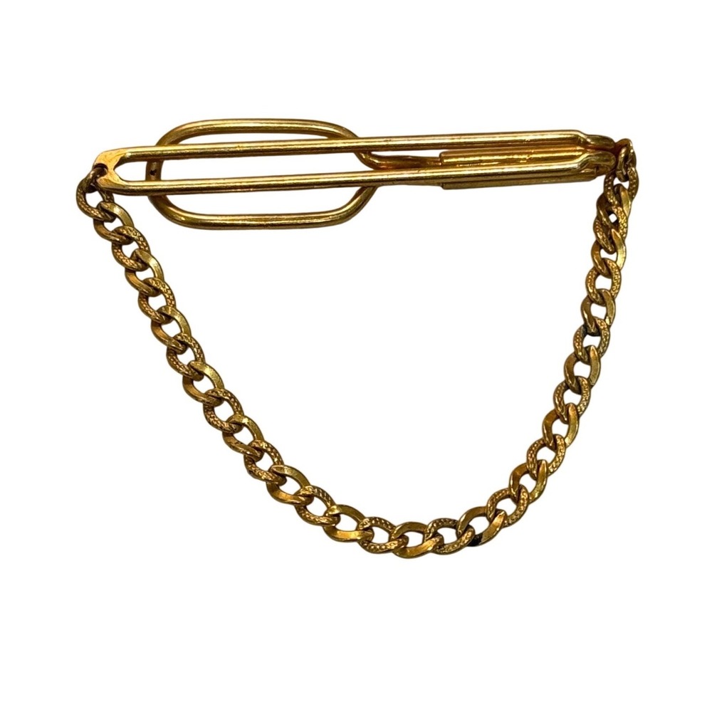 Swank Tie Clip Mens OS Gold Colored Vintage Geometric Open Frame Chain Detail